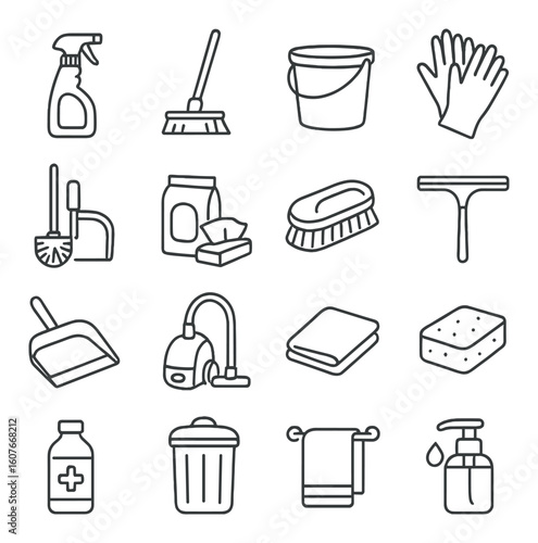 Cleaning supplies icons: spray bottle, mop, bucket, gloves, and more
