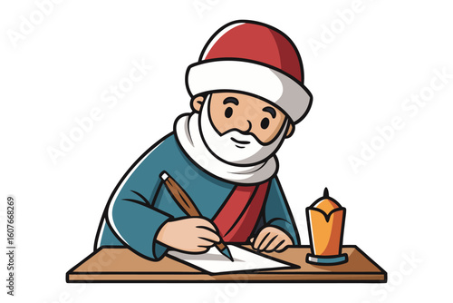 Smiling man in traditional attire harvesting dates under palm trees in a sunny oasis scene