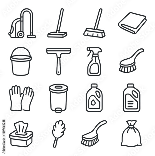 Collection of cleaning tools: vacuum, mop, bucket, broom, gloves, brushes, detergent, waste bin, spray, cloth, duster