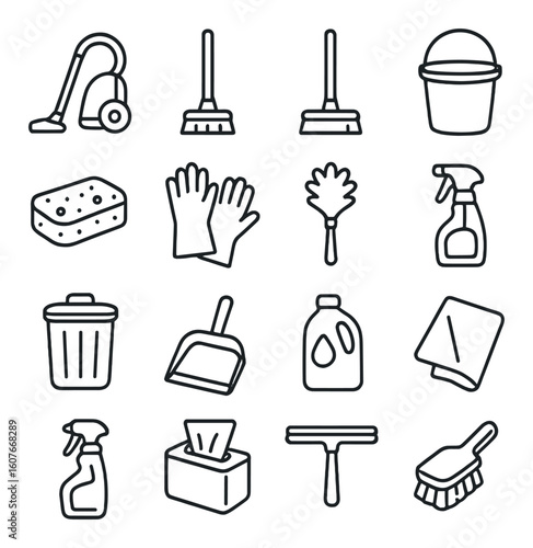 Essential cleaning equipment icons: vacuum, mop, bucket, sponge, gloves, spray bottle, trashcan