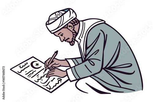 Man harvesting dates from a palm tree in a desert landscape carrying a basket of fruit