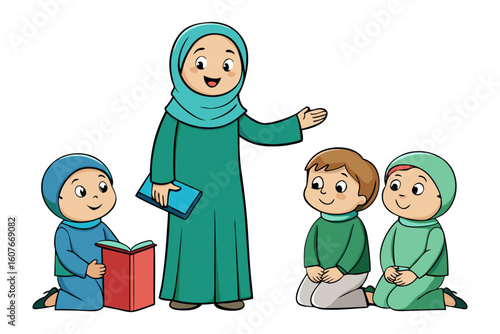 Friendly muslim educator holding pointer and calendar by whiteboard illustrating islamic education and learning