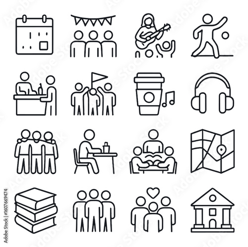 Outline icons of social activities and events: music, meeting, coffee, navigation, celebration