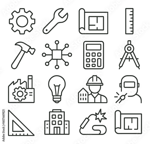 Industrial engineering tools and icons set featuring gear, wrench, blueprint, ruler, calculator, and safety helmet