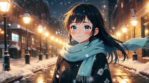 An anime girl walks through a snow-covered street, illuminated by streetlights. The serene scene captures the charm of a winter evening, inviting viewers into a world of tranquility. 