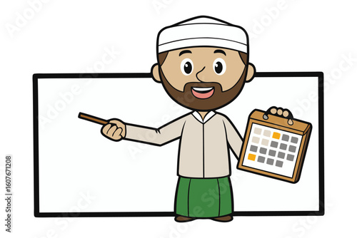 Cartoon imam or religious scholar with pointer standing by a blackboard in a classroom setting