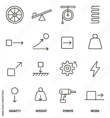 Simple machines and physics icons collection featuring gravity and power symbols