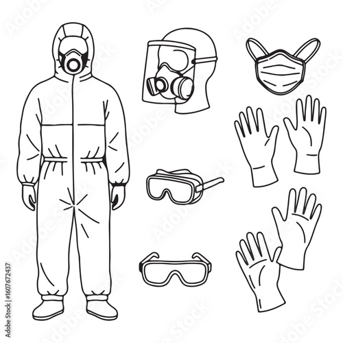 A Collection of Protective Gear Depicting Essential Equipment for Healthcare Workers and Safety Measures during Hazardous Situations