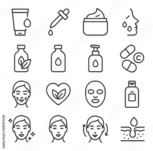 Skin care icon set featuring lotion, cream, and facial treatment symbols