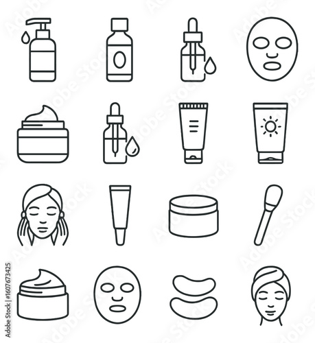 Minimalist skincare icons set including serums, creams, masks, and brushes