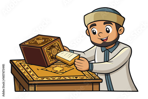 Muslim volunteer in hijab and vest records inventory of aid supplies for charitable distribution