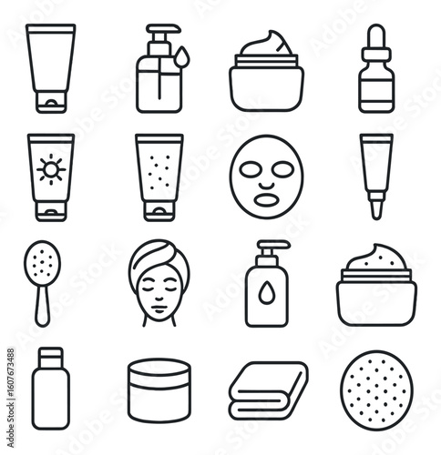 Monochrome skincare icons set with various products and tools