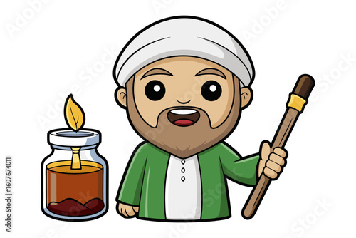 Smiling muslim shopkeeper with a blue bag stands next to a shelf filled with colorful prayer caps