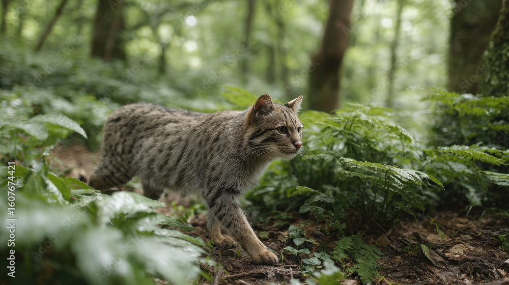 Fototapeta premium majestic wild cat prowls through lush green forest showcasing its natural grace and strength