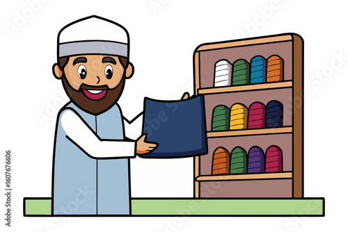 Man in turban organizing inventory on shelves preparing for distribution or storage