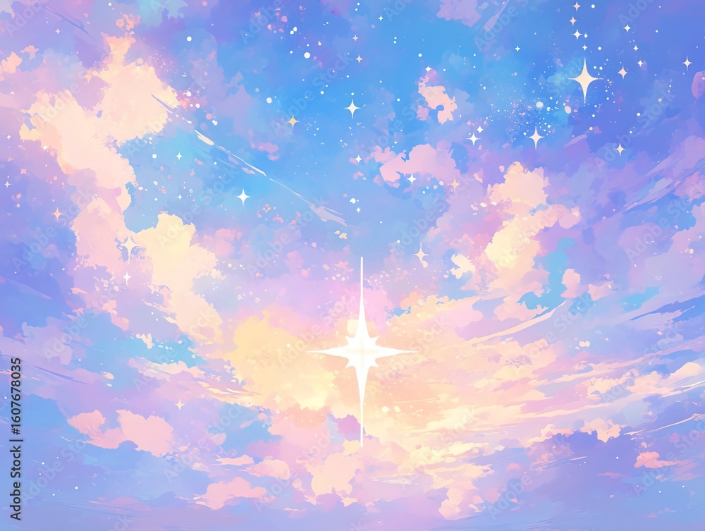 Obraz premium Celestial Gradient Background with Soft Blue Sky, Pale Yellow Clouds and Distant Stardust for Ethereal Designs