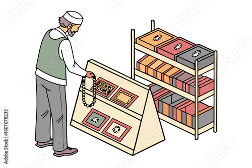 Smiling man in traditional clothing presents colorful garments on a clothes rack