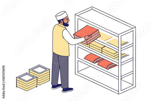 Man in traditional attire shops for clothing at a vibrant outdoor market stall