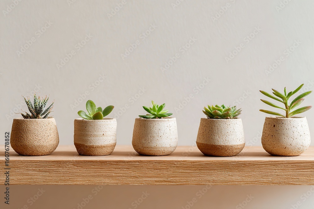 Fototapeta premium Collection of clay pots featuring baby succulents arranged on a wooden shelf indoors