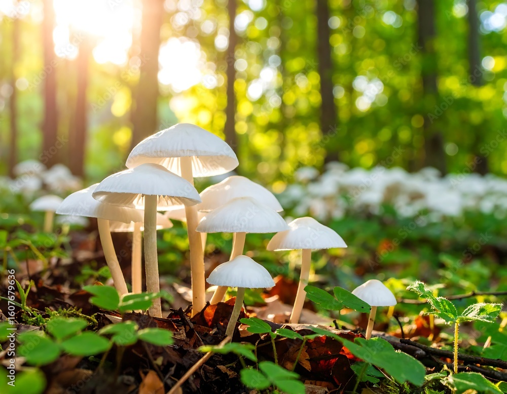 Fototapeta premium Cluster of white mushrooms in a forest floor bathed in sunlight