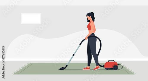 Active Woman Vacuuming Her Apartment For A Clean And Healthy Home Environment