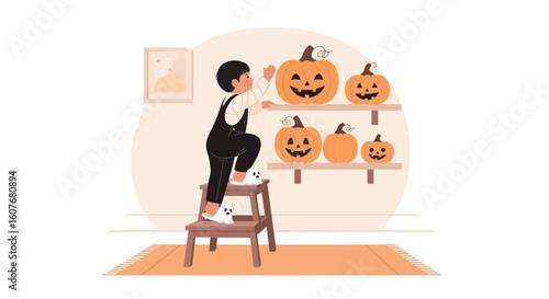 Adorable Boy Climbs Ladder To Reach Halloween Pumpkins At Home Decoration