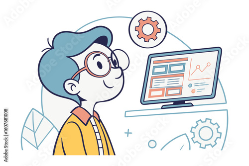 Young boy with glasses enthusiastically looking at a computer screen displaying website analytics and data