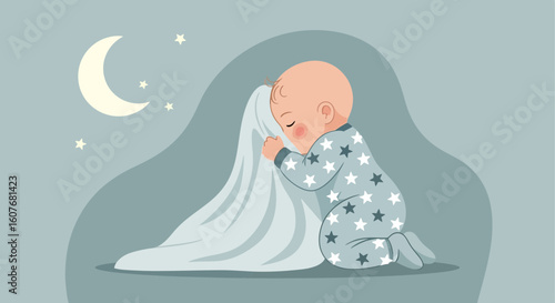 Adorable Little Baby Sleep Peaceful Under Blanket With Stars And Crescent Moon