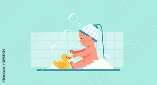 Adorable Little Baby Enjoying a Bath Time with a Yellow Rubber Duck