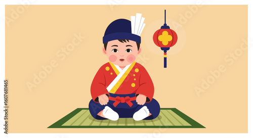 Adorable Little Boy In Traditional Korean Costume Seated Near Lantern