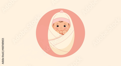Adorable Swaddled Newborn Baby In a Pink Circle Illustration