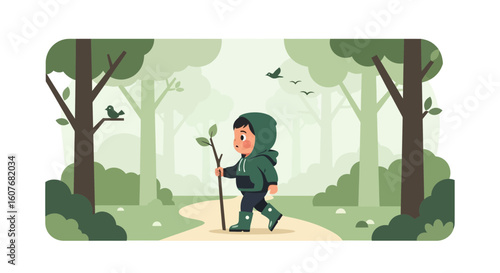 Adventurous Kid Exploring Forest Nature Trail With Wooden Stick In Hand