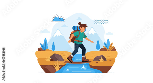 Adventurous Hiker Traversing Stream on Wooden Bridge Amidst Scenic Landscape