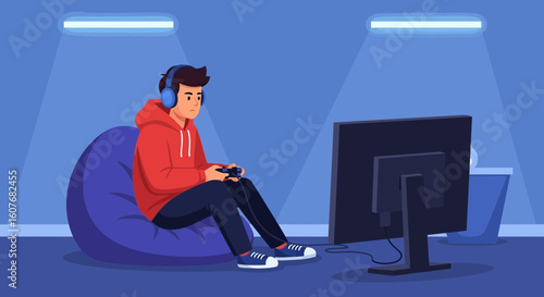 Boy Plays Video Games In His Room At Night On Beanbag Chair