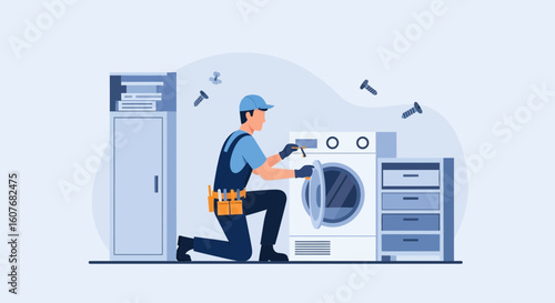 Appliance Repairman Inspecting And Fixing A Tumble Dryer In A Home Interior