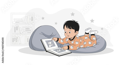 Boy Reading Book In Pajamas On A Beanbag Chair Under Starry Night