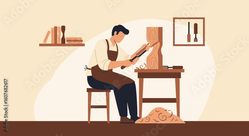 Artisan Woodcarver Skillfully Shaping Timber In His Workshop Atelier Illustration