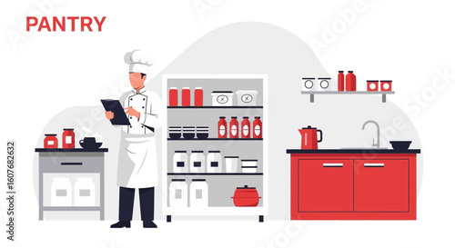Chef Inspecting Pantry Items Inventory Checklist in Kitchen Setting Interior