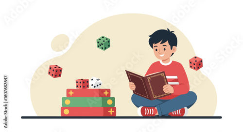 Boy Reading Book With Dice Surrounding Him In An Abstract Composition