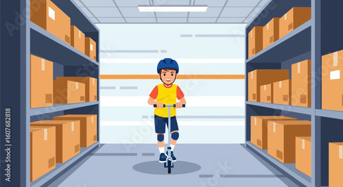 Boy Rides Scooter In Warehouse With Boxes Stored On Shelves