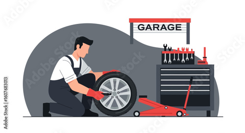 Auto Mechanic Changing A Tire In Garage Service Center Assistance Illustration