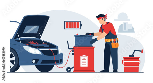 Automotive Maintenance Technician Changing Vehicle Battery In Car Repair Shop