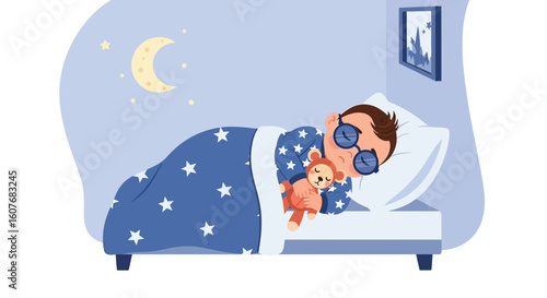 Boy Sleeping Peacefully With Teddy Bear Under Starry Blanket At Night