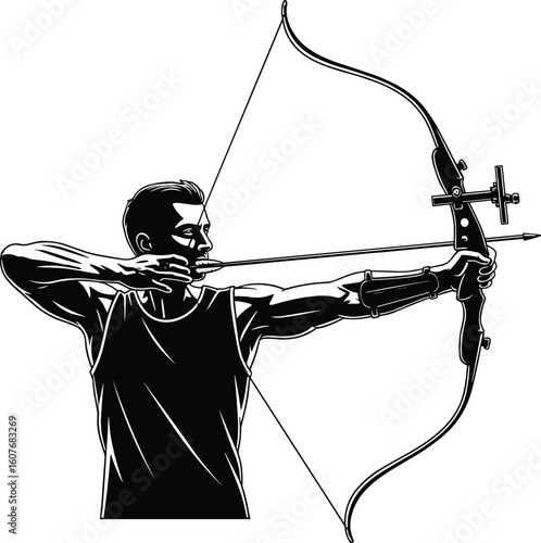 Archery athlete vector sketch, modern recurve bow drawing, sports precision artwork, focused archer in action, CAD flat illustration