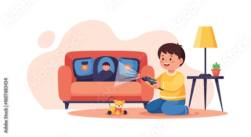 Boy Switches Channels on Television With Remote At Home Relaxing