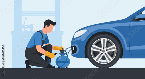 Automotive Technician Performing Vehicle Maintenance And Repair With Specialized Equipment