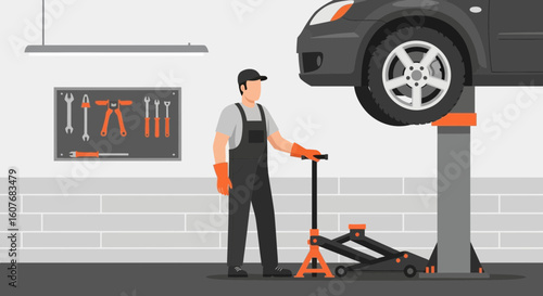 Automotive Technician Inspecting Vehicle On Lift In Garage Repair Shop Service