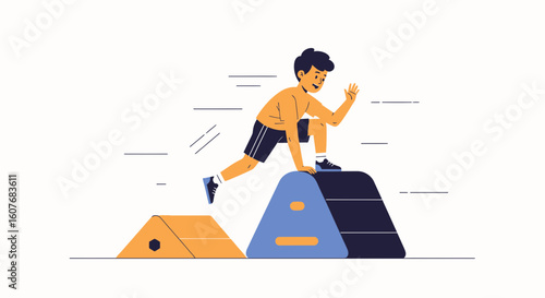 Boy Training With Plyometric Boxes Increasing Stamina and Cardio Fitness