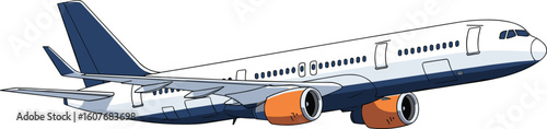 Commercial airplane CAD vector drawing, modern aircraft illustration with winglets, blue fuselage and orange engines, aviation engineering sketch