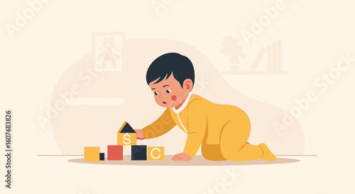 Baby Boy Plays And Learns With Wooden Building Blocks On The Floor